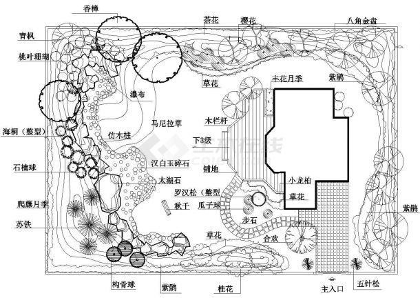 【平面cad】某小型小庭院園林設計施工詳細方案平面CAD圖紙_土木在線